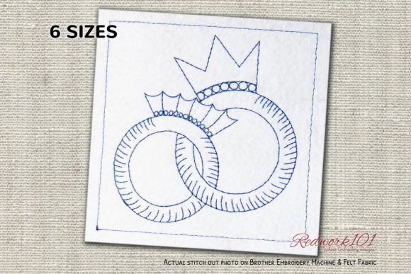 Crown Shaped Couple Rings Redwork Design